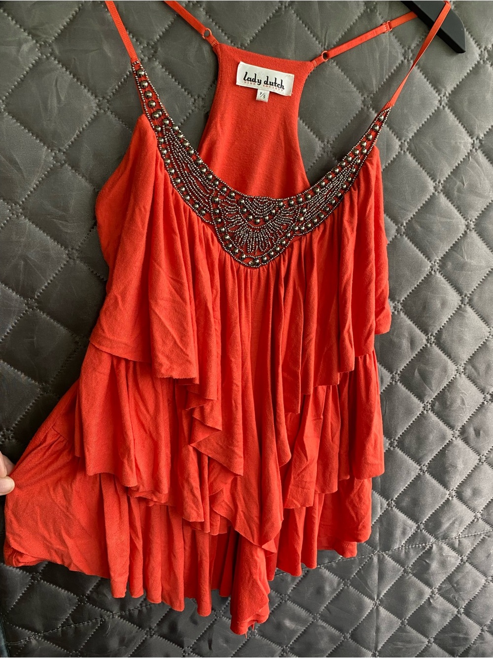 Lady Dutch Y2K Boho Beaded Racerback Tiered Ruffled Tank Top Small